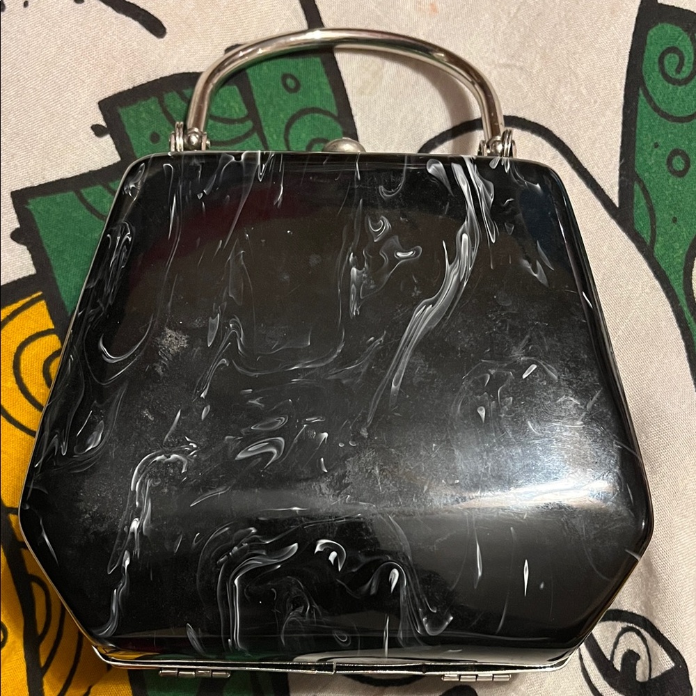 Elegant Black and Silver Women's Marble-like Handbag